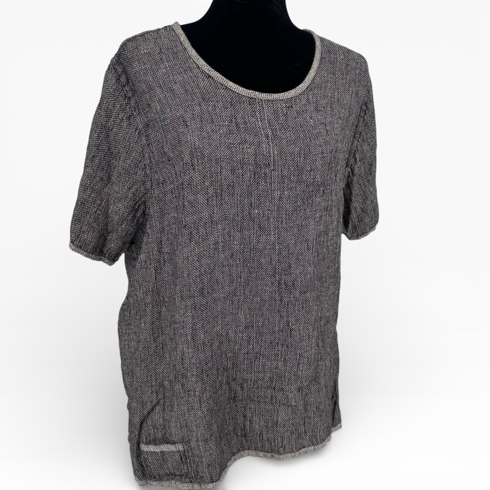 FLAX 100% Linen Shirt Top Medium Grey Black Marled Knit Short Sleeve Lithuania